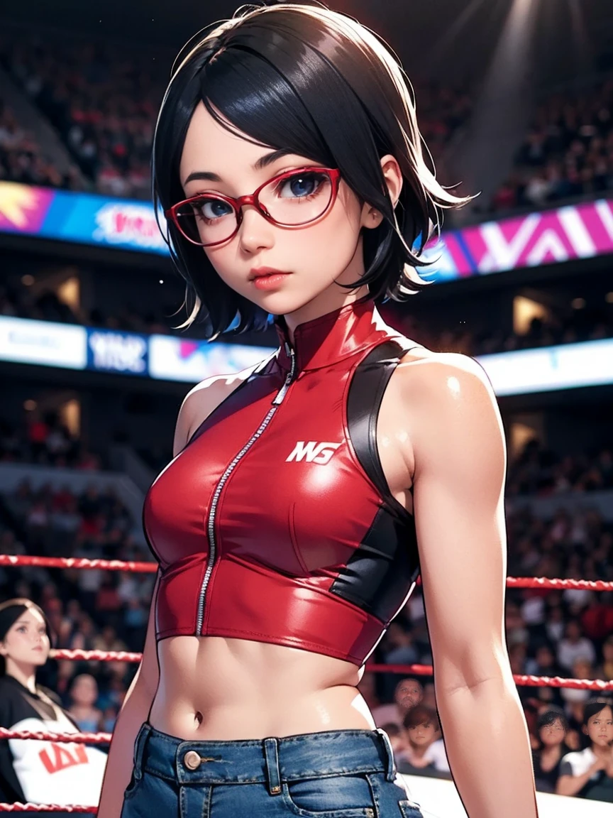 Ilustración al estilo del dibujante de cómics Jim Lee.. Ilustración de Sarada Uchiha con el pelo corto., ojos negros, usando lentes rojos, lápiz labial rosa. ella está admirando a la multitud. como superestrella de la WWE dentro del ring con el cinturón del Campeonato Femenil de la WWE en la cintura, Diva, camiseta. imagen detallada. dedicación artística. abdomen. fuegos artificiales, pequeño, delgado, vaqueros, animado