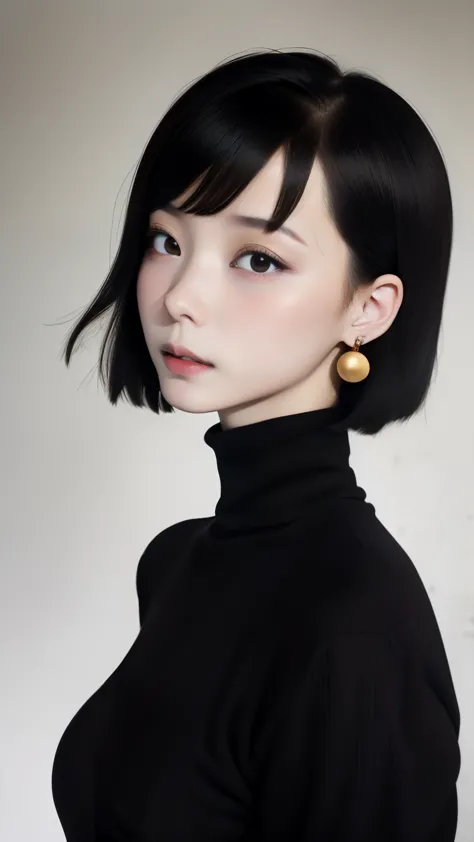 one girl, An ennui look、Upper body angle、 concrete background、slim body、small breasts、turtleneck shirt、earrings、Precisely detail...