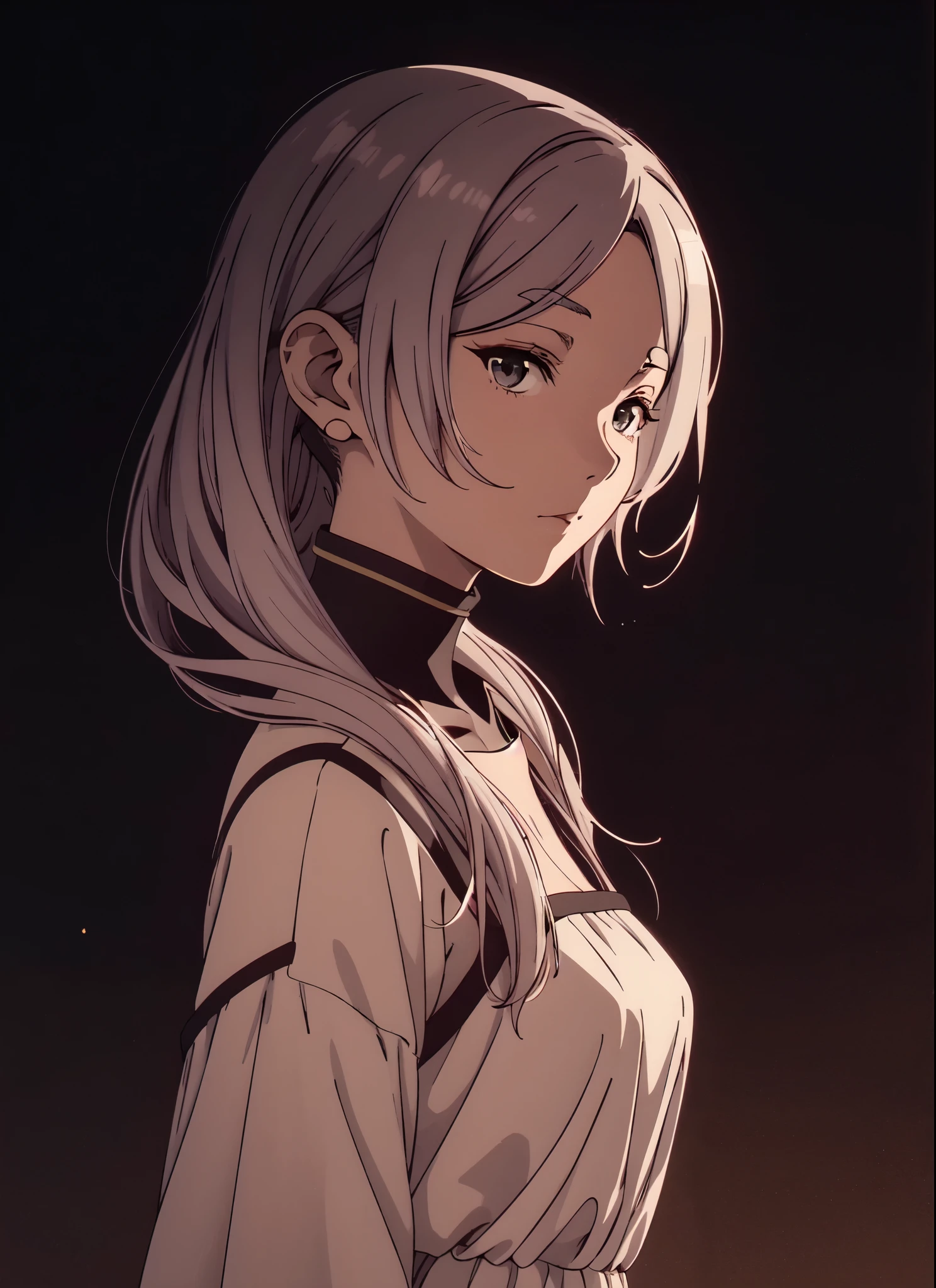 anime girl with white hair and a white dress standing in front of a dark background, artwork in the style of guweiz, profile of anime girl, portrait anime girl, beautiful anime portrait, looking to the viewer, 