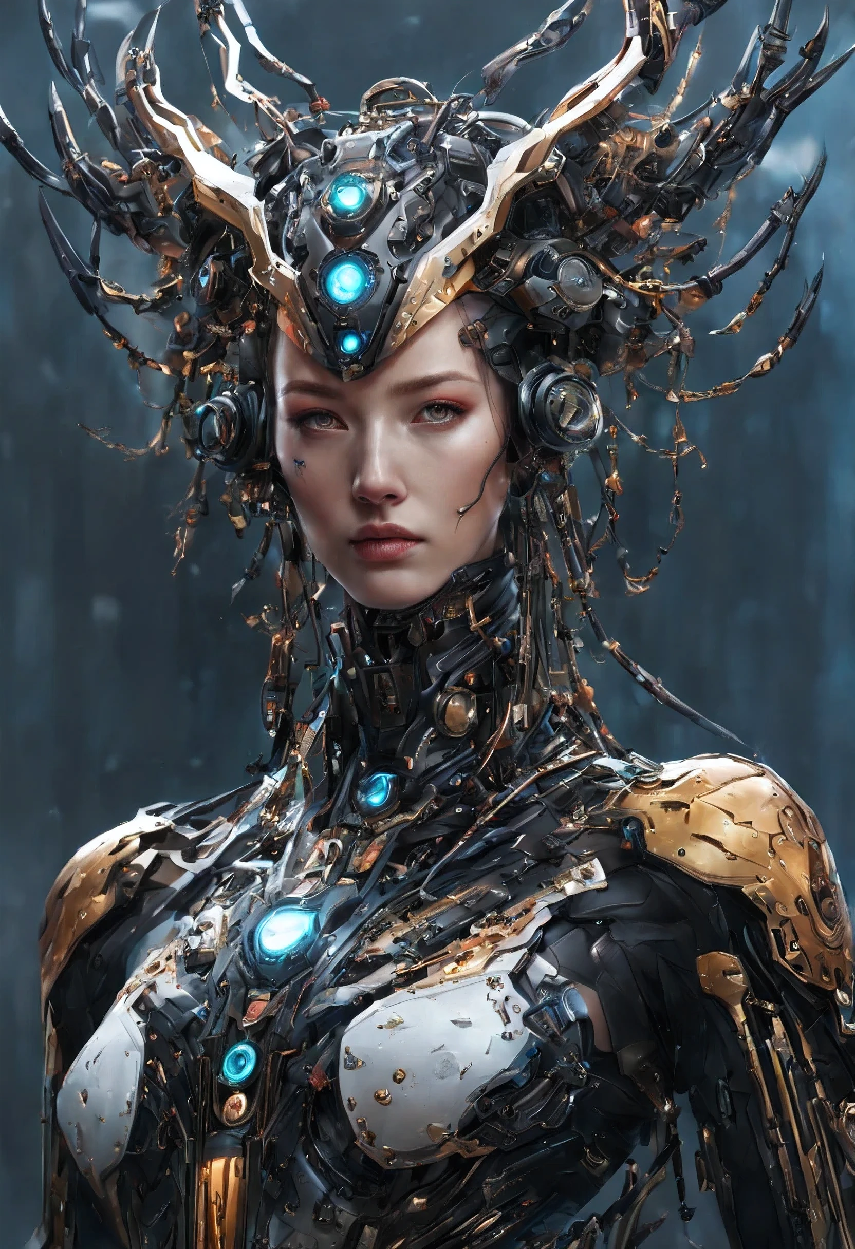 Hyperrealistic cgsociety contest winning masterpiece by Yang J Rossdraws, hyperdetailed cyborg zodiac queen. 