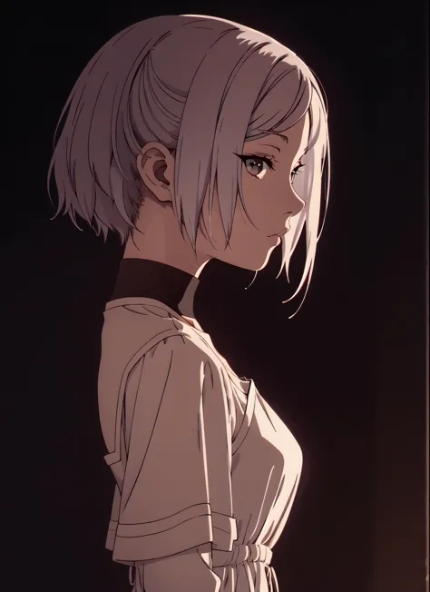 anime girl with white hair and a white dress standing in front of a dark background, artwork in the style of guweiz, profile of ...