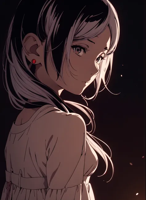 anime girl with white hair and a white dress standing in front of a dark background, artwork in the style of guweiz, profile of ...