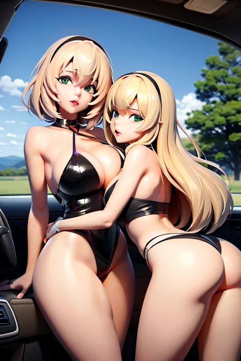 twin sisters in car, blonde, green eyes, sexy, ultrasharp, high res, 8k, hd, looking at view
