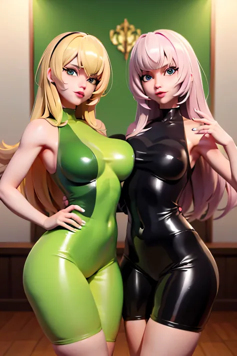 twin sisters in bodysuits, blonde, green eyes, in Los Angeles, ultrasharp, high res, 8k, hd, looking at view
