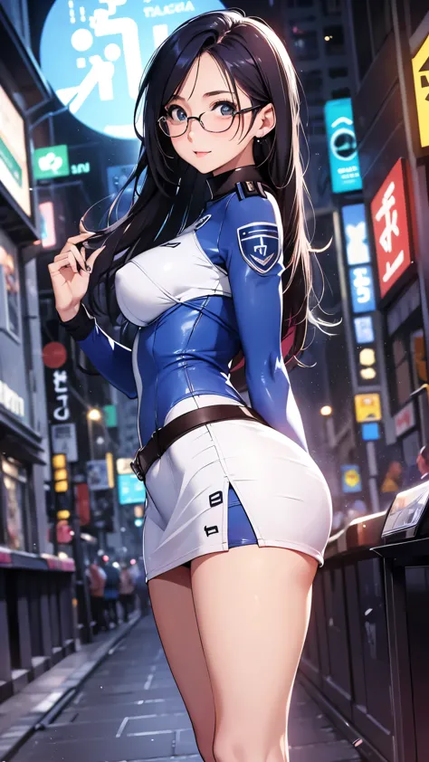 woman,25 years old,,city,night,(((white and blue tight miniskirt bodysuit))),,open mouth smile(())(glasses),(()),(()),blush、surp...