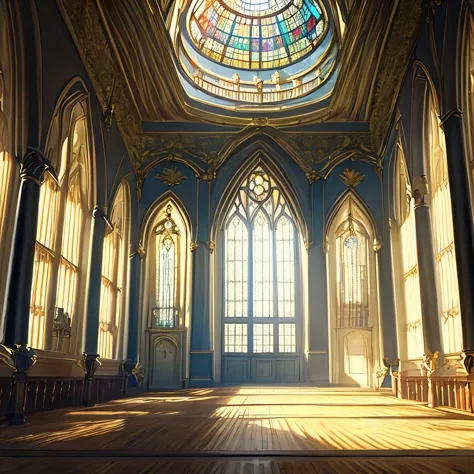 Interior, hall of a gothic Victorian castle, interior, a large hall with windows and stained glass , sem humanos , scenario, sce...