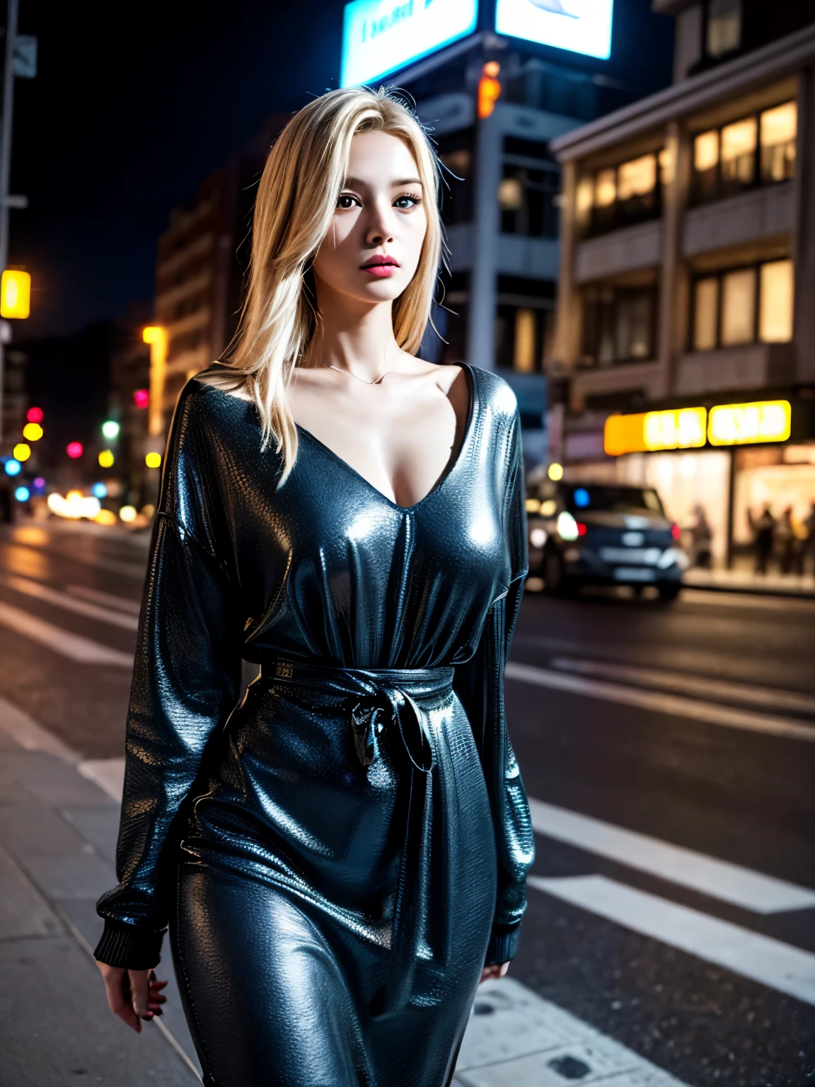 best quality, masterpiece, realistic photo, intricate details, raw photo, ultra detailed, modern young woman, with casual, edgy style outfit, no necklines, blonde hair, perfect detailed and blue eyes, walking in city at night, HD quality, 8K, young woman, 20 years old