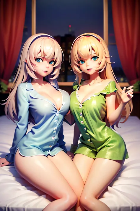 twin sisters slutty pajamas, blonde, green eyes, laying in bed, ultrasharp, high res, 8k, hd, looking at view
