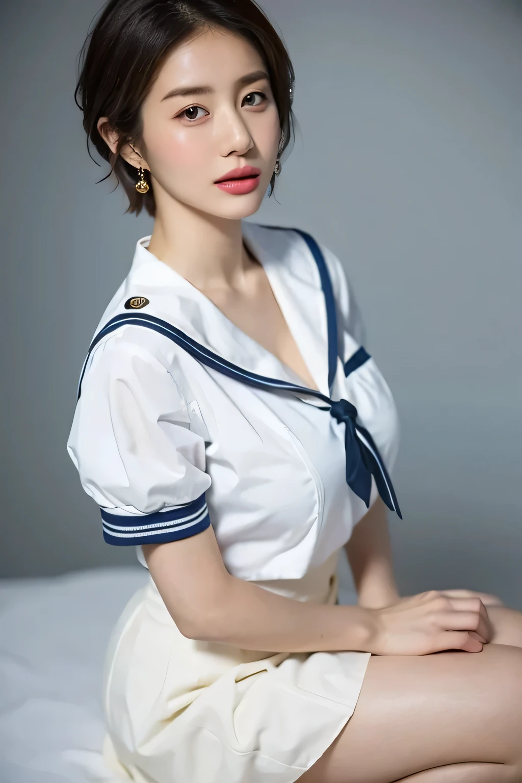 (highest quality,8K,masterpiece),studio photography,
Very beautiful Japan models,fine skin,realistic skin, lip gloss,rouge,
very short hair,pixie cut,
School_uniform, big earrings,costume,sailor suit,sailor uniform,
big breasts,thighs,
skirt, white shirt, big breasts,emphasize cleavage,
gray background