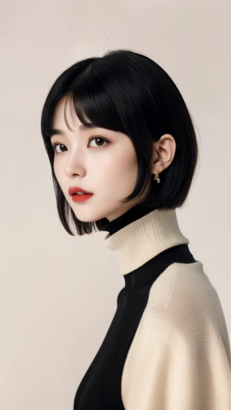 one girl, An ennui look、Upper body angle、 concrete background、slim body、small breasts、turtleneck shirt、earrings、Precisely detail...