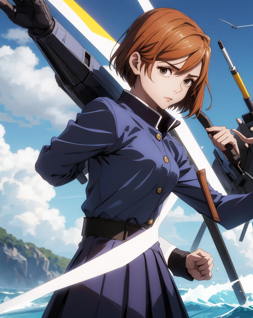 { - anatomy error} (masterpiece, best quality) (masterpiece:1.4),(best quality:1.4)  nobarakugisakinova ,a woman in uniform holding a sword and knife, female protagonist 👀 :8, Shinichi Makoto, Makoto, female protagonist, nobarakugisakinova, kantai collection style, uniform JK, female anime character, girl wearing uniform, nobarakugisakinova ,uniform de marinero con cuello de abrigo suelto, uniform, japanese girl school uniform, japanese school uniform, Seifuku, uniforms JK, wearing japanese school uniform, Sailor clothing, magical school student uniform, kantai collection style, uniforms marineros femeninos, Anime Girl Cosplay, Wear school uniform, girl wearing uniform,