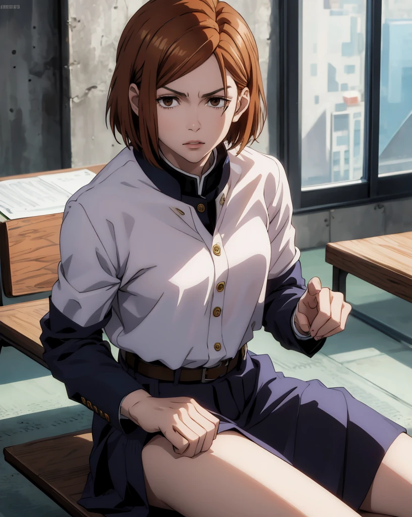 { - anatomy error} (Masterpiece, Best Quality) (masterpiece:1.4),(best quality:1.4) 1girl,nobara_jjk,brown hair, short hair, brown eyes, fully jujutsu school uniform,  sitting, full body