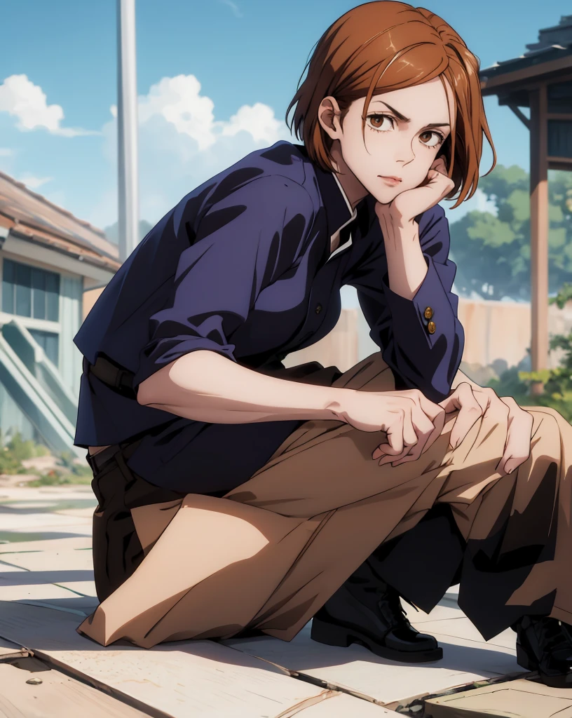 { - anatomy error} (Masterpiece, Best Quality) (masterpiece:1.4),(best quality:1.4) 1girl,nobara_jjk,brown hair, short hair, brown eyes, fully jujutsu school uniform,  sitting, full body