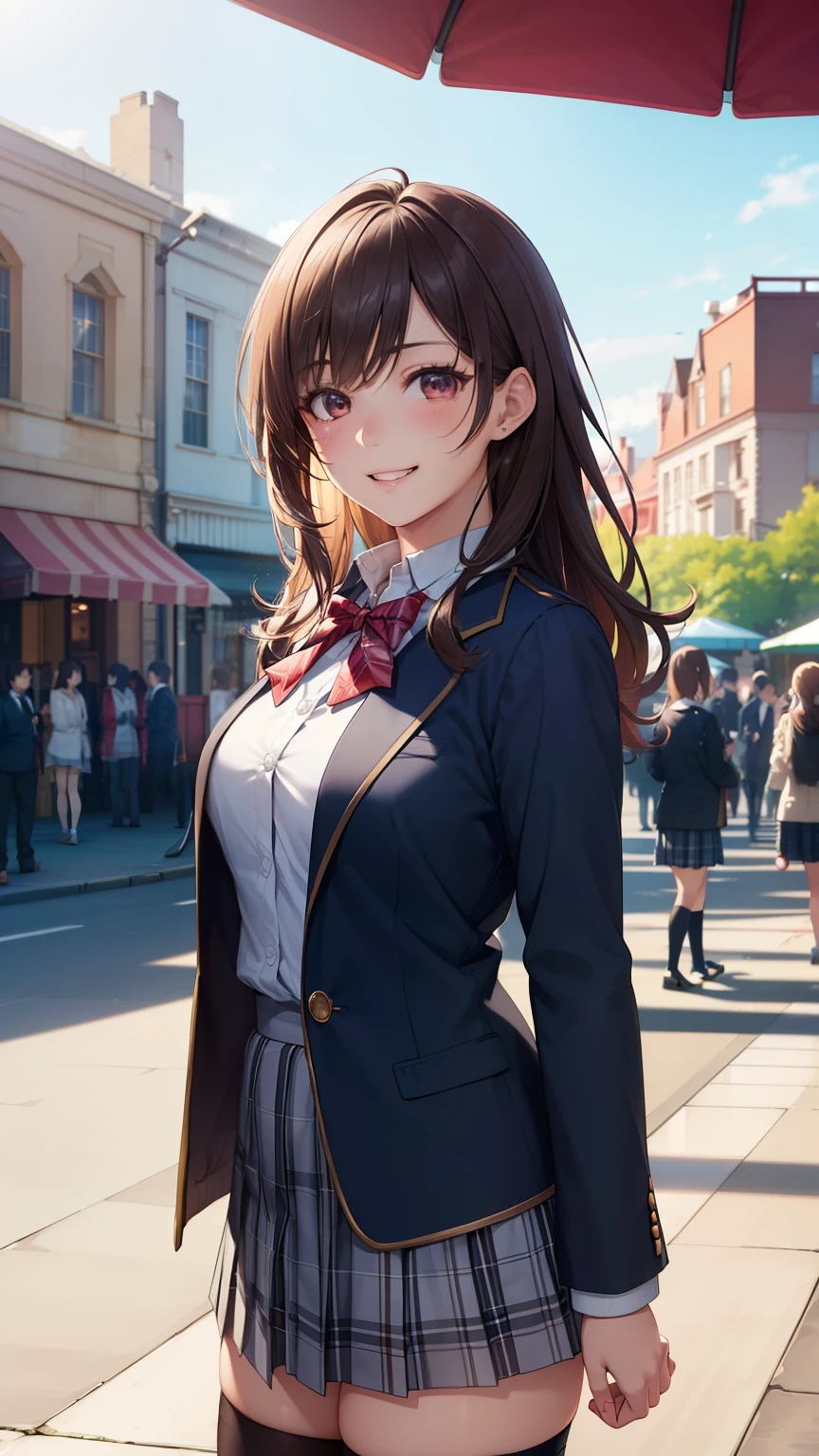 ((masterpiece, highest quality, High resolution, UHD, perfect pixel, Depth of bounds written, 4K, rtx, HDR))), 1 girl, single, alone, beautiful anime girl, beautiful art style, anime character, ((long hair, bangs, brown hair, curly hair:0.8)), ((red eyes:1.4, round eyes, beautiful eyelashes, realistic eyes)), ((detailed face, blush:1.2)), ((smooth texture:0.75, realistic texture:0.65, realistic:1.1, Anime CG style)), medium breasts, dynamic angle, perfect body, ((portrait, throw)), ((red bow tie, school uniform, Navy blue short jacket , bolero , open jacket, white shirt, black skirt, plaid mile, amusement park,grin and laugh , white knee high socks