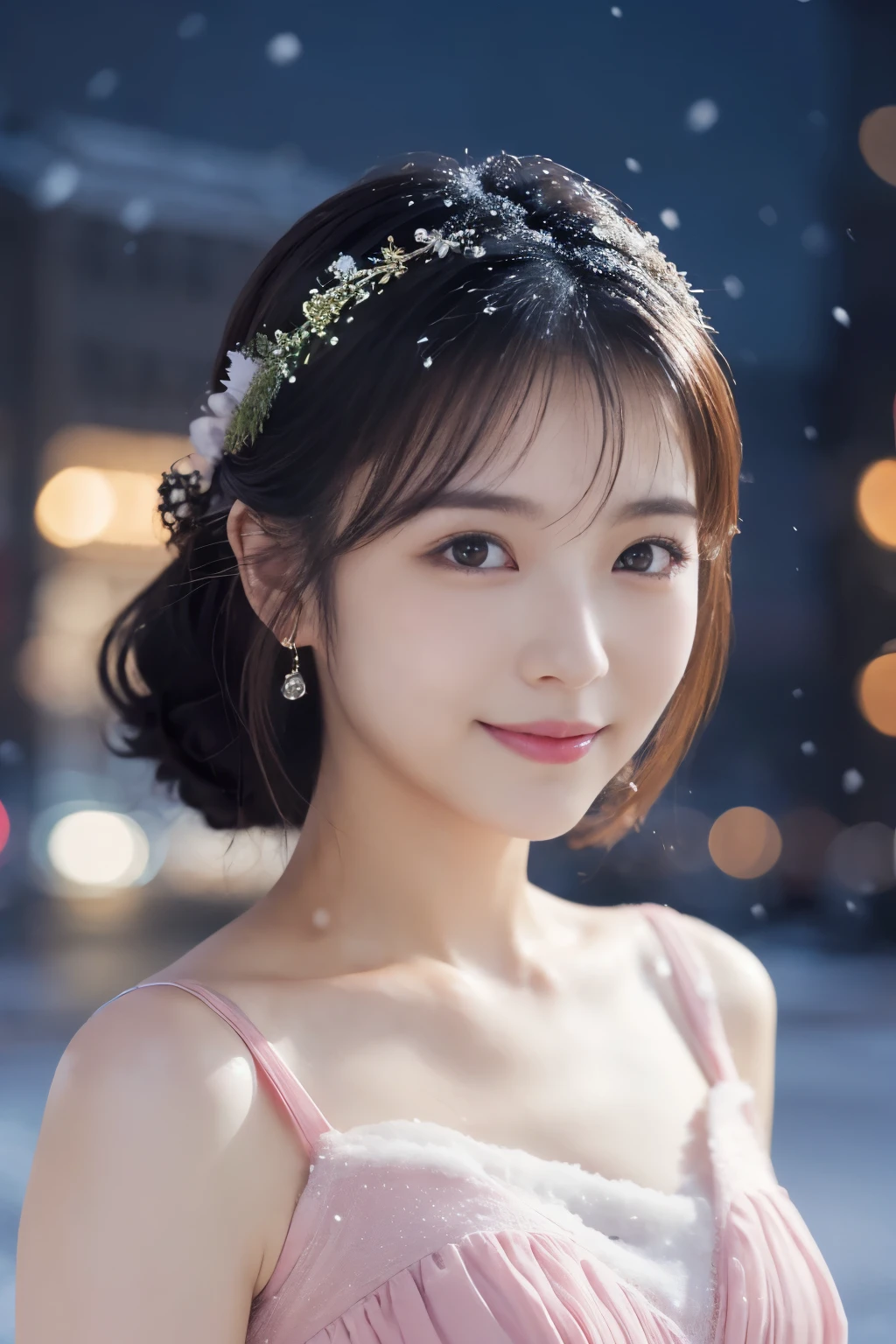 1 girl, (Wearing a pink dress:1.2), Beautiful Japan actress,
(RAW photo, highest quality), (realistic, Photoreal:1.4), masterpiece, 
very delicate and beautiful, very detailed, 2k wallpaper, wonderful, 
finely, very detailed CG Unity 8K 壁紙, Super detailed, High resolution, 
soft light, beautiful detailed girl, very detailed目と顔, beautifully detailed nose, beautiful and detailed eyes, cinematic lighting, 
break
(Against the backdrop of a snowy night cityscape 1.3), city lights, (Snow is flying:1.3), 
perfect anatomy, slender body, smile, Face the front completely, look at the camera