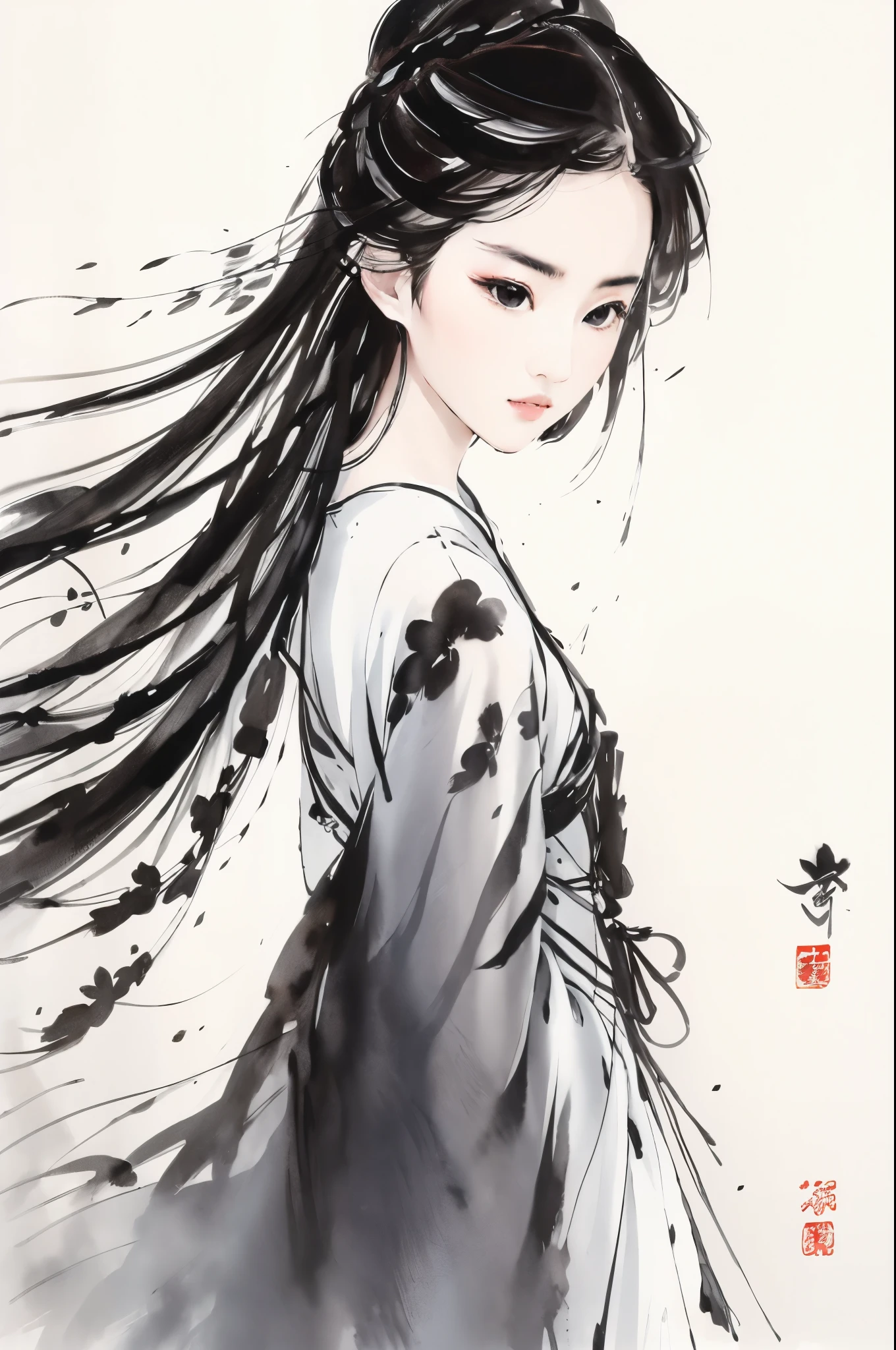 liuyifei, 特写, 1女孩, 独自的, 长发, 传统中式服饰, 黑发, 简单的背景, 白色背景, 墨风