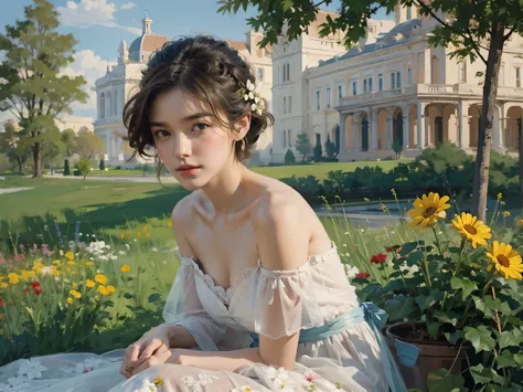 (masterpiece), (best quality), 1girl, portrait, bare shoulder, dress, earth tone, flowers, outdoor