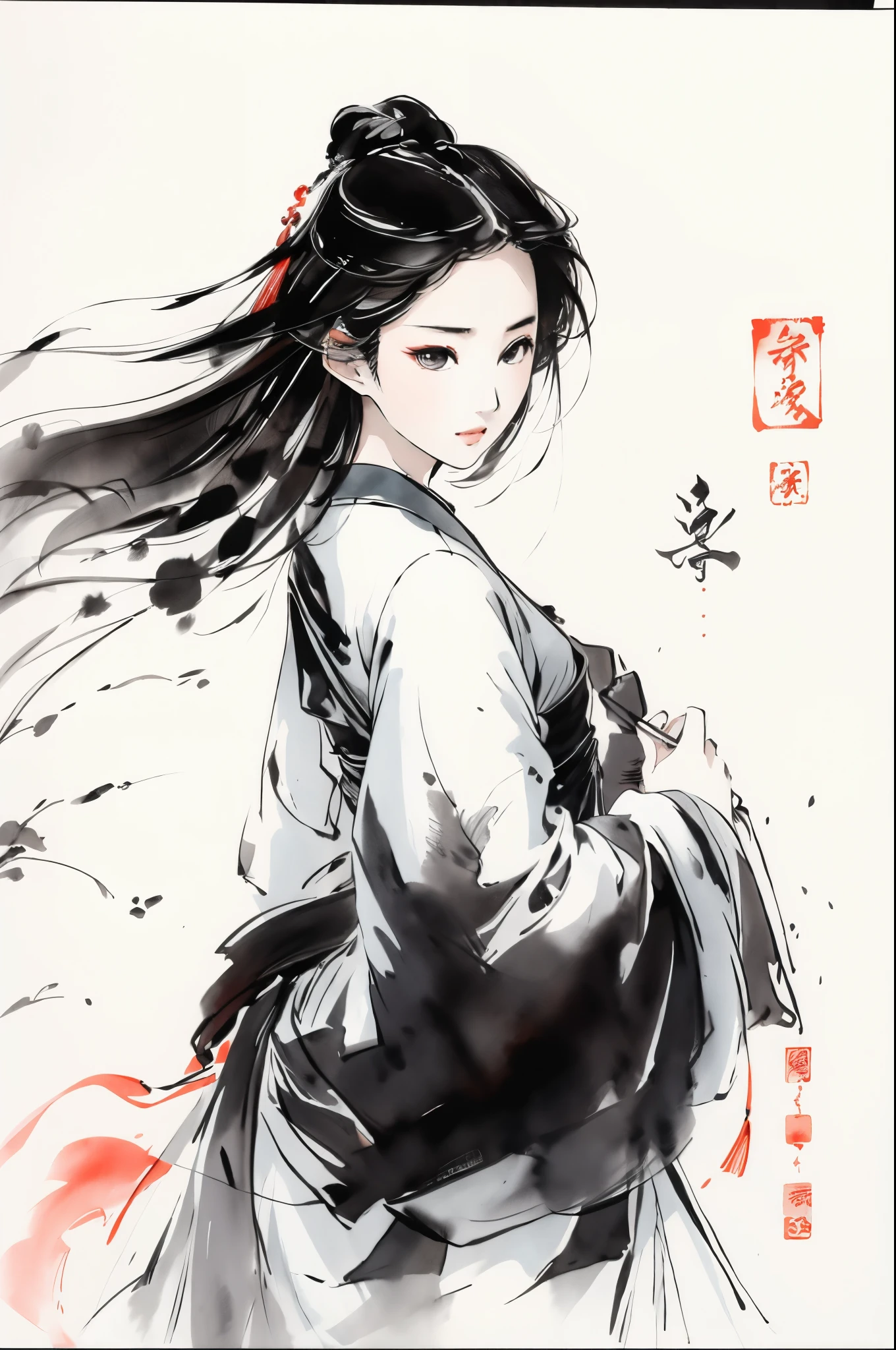 Люифэй, крупный план, 1 девушка, Один, длинные волосы, традиционное китайское платье, черные волосы, простой фон, белый фон, Чернильный ветер