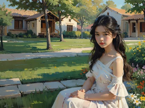 (masterpiece), (best quality), 1girl, portrait, bare shoulder, dress, earth tone, flowers, outdoor. oil_painting