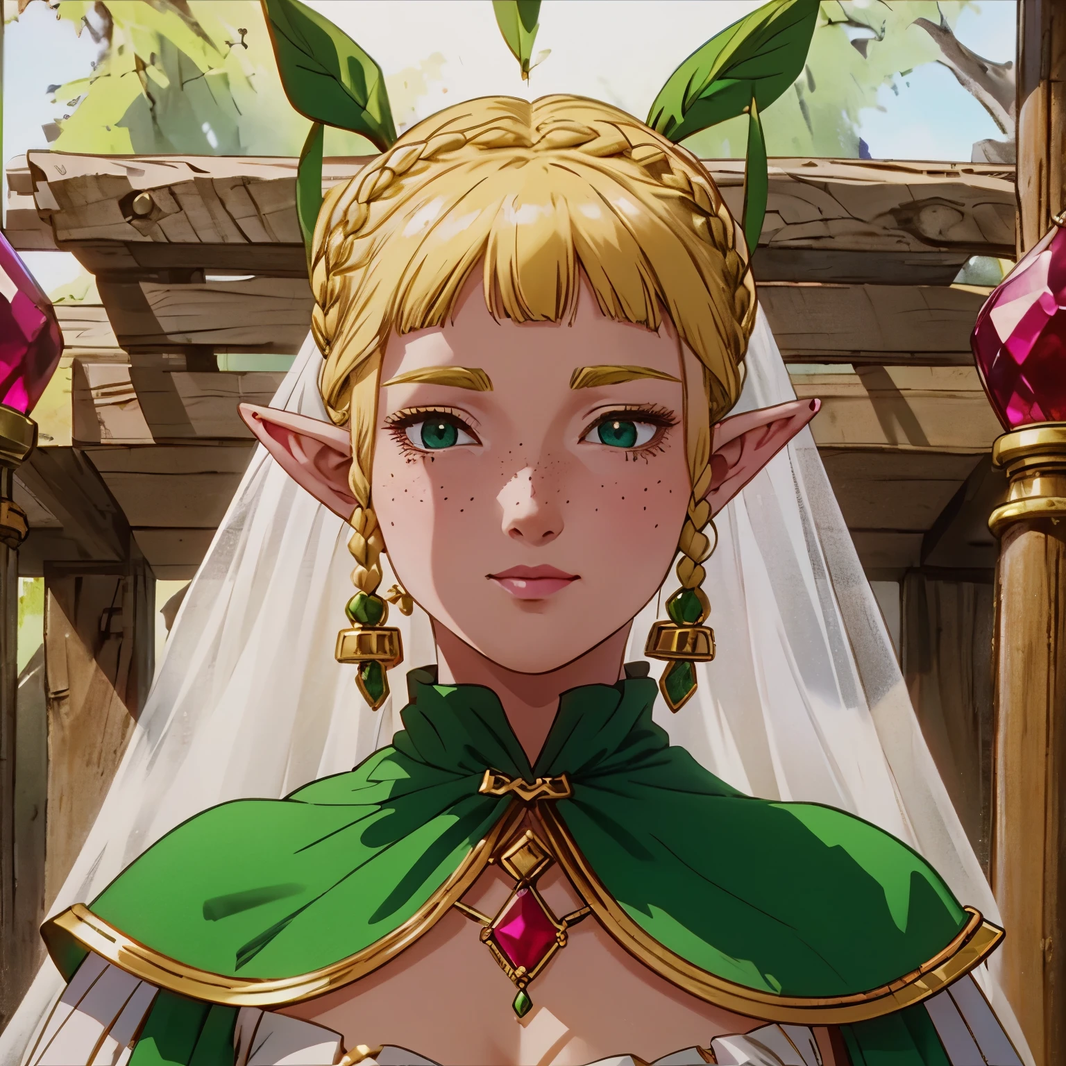 a beautiful blonde woman with elf ears and freckles with braids and A gold necklace with large green emeralds and a giant red Ruby in the center