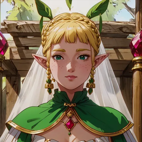 a beautiful blonde woman with elf ears and freckles with braids and a gold necklace with large green emeralds and a giant red ru...