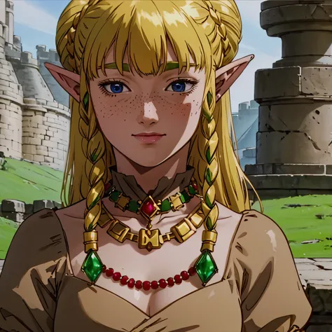 a beautiful blonde woman with elf ears and freckles with braids and a gold necklace with large green emeralds and a giant red ru...