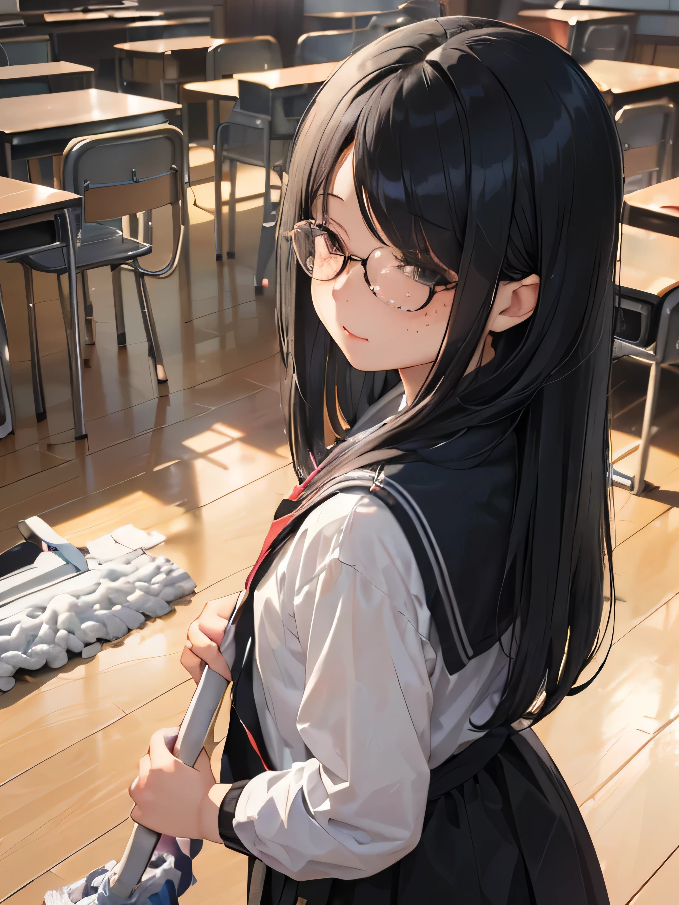 (((1 girl)))(((classroom、Get up and clean the floor with a mop:1.3、With mop in both hands:1.2)))、13 years old、Middle school students２grade、sailor suit、black tights、student bag、、low length、(((((long bangs hide the eyes:1.5)))))、((freckles))、((((long black hair:1.2))))　(((hair band)))(((black rim glasses:1.2　black eye)))、clean、(((Are standing、With mop、mop the floor 1.3)))looking here、Upper body、think back