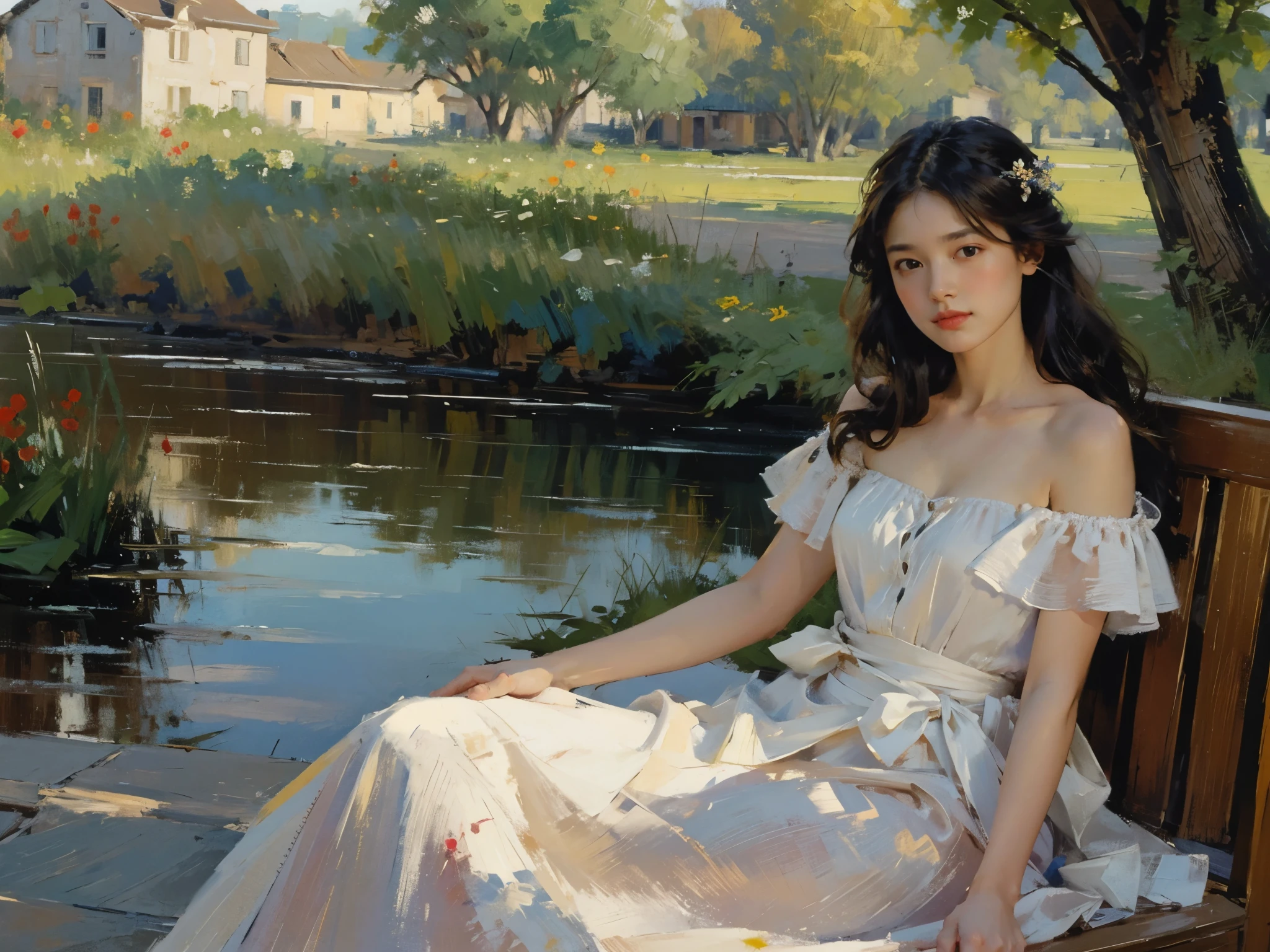 (masterpiece), (best quality), 1girl, portrait, bare shoulder, dress, earth tone, flowers, outdoor. oil_painting