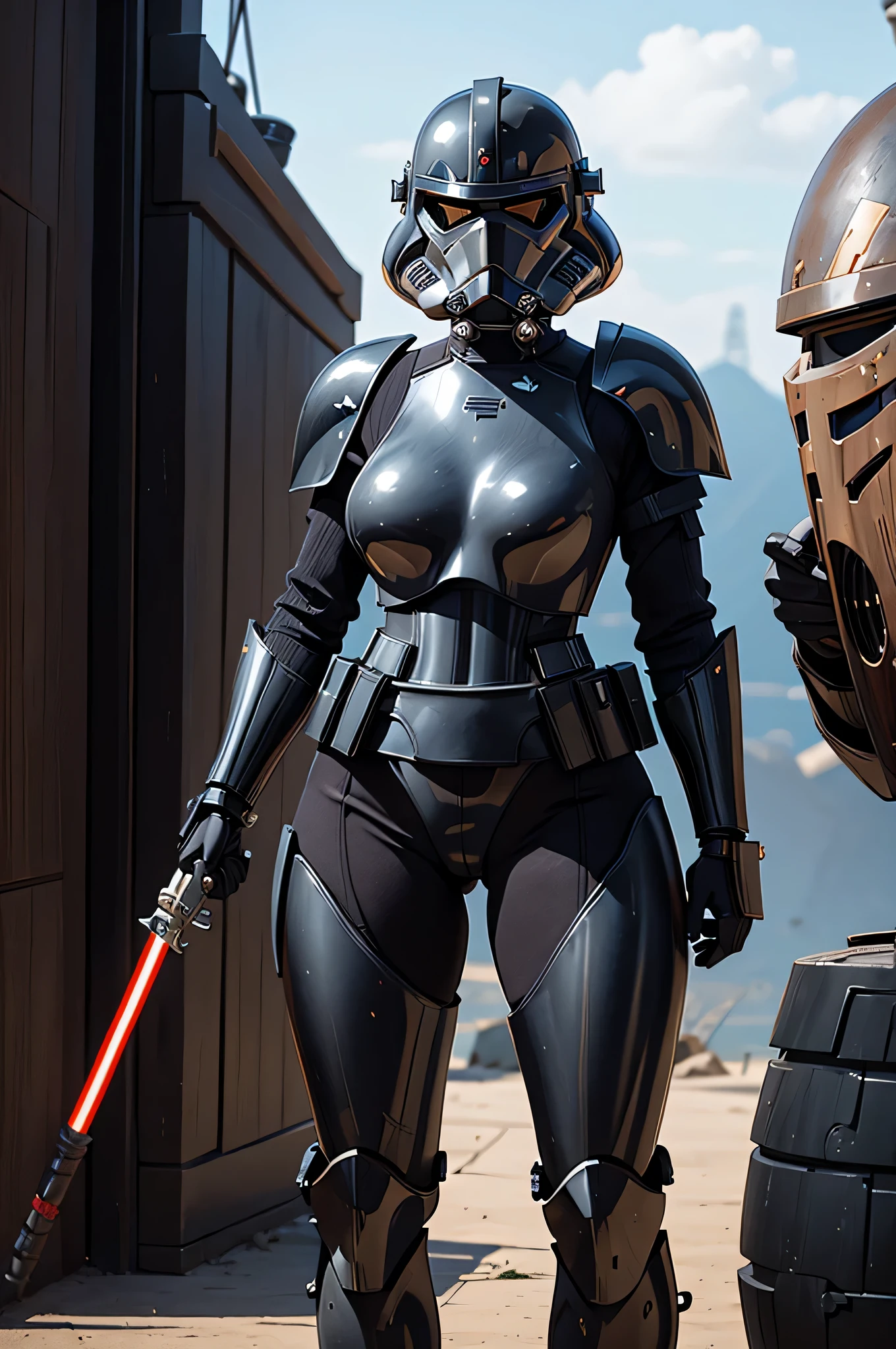 There is a woman in a star wars costume standing next to a giant robot -  SeaArt AI