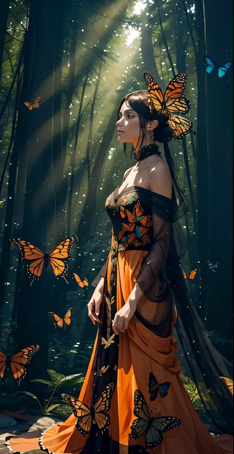 Beautiful dark haired woman covered entirely by millions of Monarch orange black and red butterflies like a second skin a gossam...