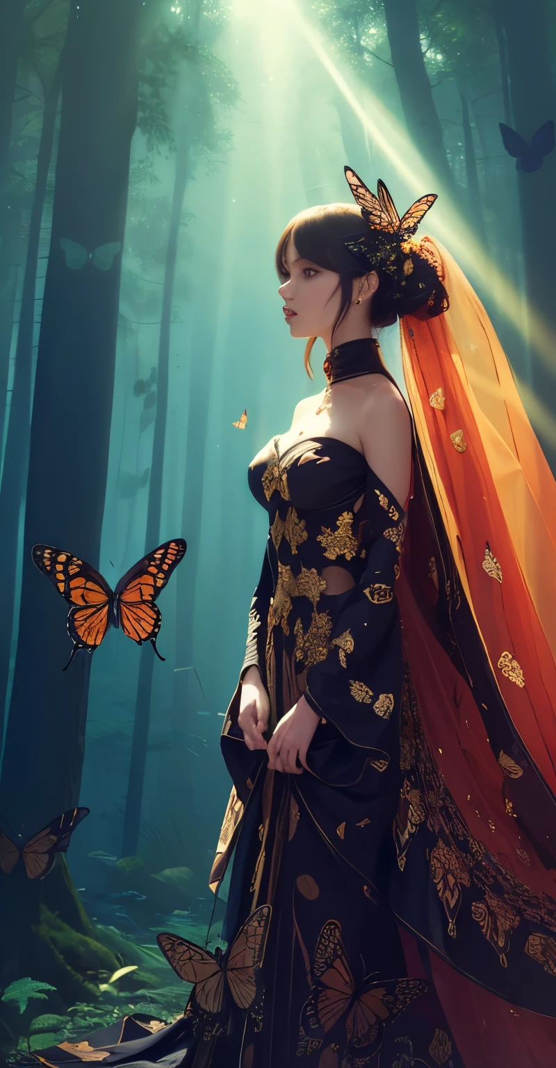 Hermosa mujer de cabello oscuro cubierta completamente por millones de mariposas Monarca naranja, negras y rojas como una segunda piel, un vestido de gasa que es casi parte de ella., cubierto de mariposas, como si le salieran del pecho su corazón, Rayos de sol moteados a través del bosque de pinos y abetos., hiperdetallado, resolución k, Grano de película remuestreado de Kodak,(((interactuando naturalmente con el medio ambiente:1.5))),(((sin costura:1.5))),((fuerte luz ambiental)),((sombras duras)),(fusiona reinos del punk extremo en un tapiz de dualidades),Seres enigmáticos con siluetas etéreas.,paisaje onírico digital.Ilumina la escena con el pulso de una flor celestial.,(proyectando tonos que unen los reinos cósmico y cibernético).(Mezcla las pinceladas armoniosamente),fusionando elementos del arte tradicional con fragmentos defectuosos de un mosaico pixelado.Abraza la asimetría,donde lo orgánico y lo sintético chocan en una composición dinámica.(Infunde una paleta vibrante, cambiante y atemporal.).Integra sorpresas de realidad aumentada. by Da Vinci