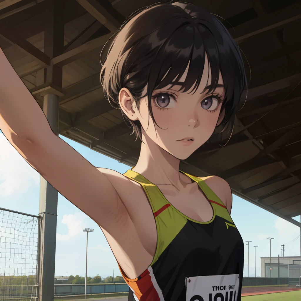 A girl, pixie hairstyle, Front View, slender, flat chest, One-person viewpoint, pale skin, track team, black hair, pixie haircut, picture, selfie