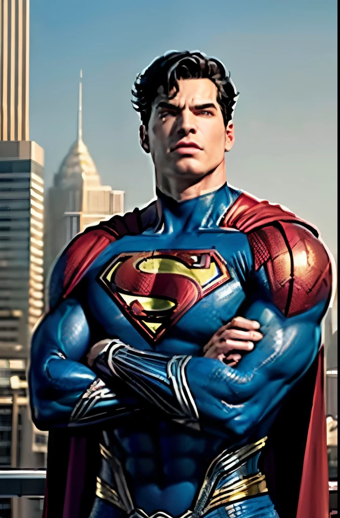 1boy, superman, abs, bara, black hair, blue bodysuit, blue eyes, bodysuit, cape, closed grinning mouth, crossed arms, large pectorals, male focus, muscular, muscular male, pectoral lift, pectorals, red cape, short hair, outdoors, skyscrapers, solo, superhero, upper body , ((masterpiece)), inspiring