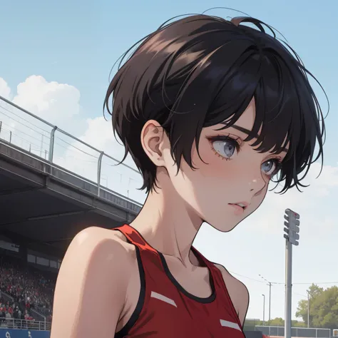 A girl, pixie hairstyle, Front View, slender, flat chest, One-person viewpoint, pale skin, track team, black hair, pixie haircut...