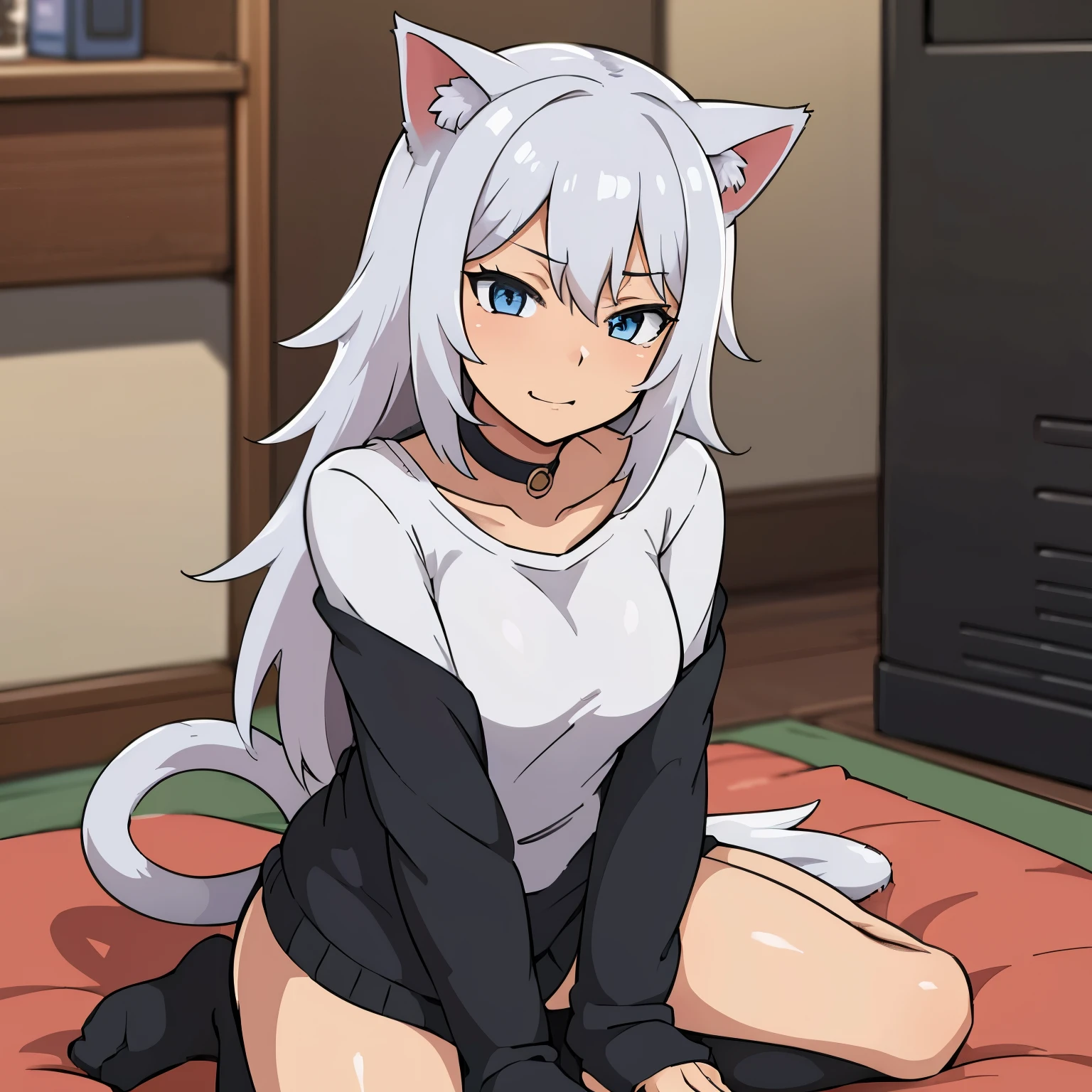 Anime girl with white hair and black cats ears sitting on a bed - SeaArt AI