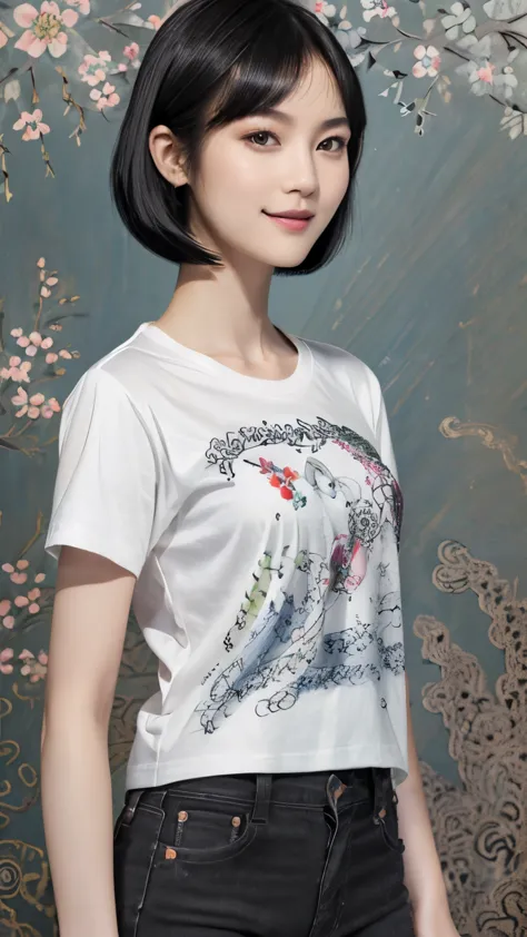 153
(black shorthair:1.46),  (a 20 yo woman), (a hyper-realistic), (masterpiece), (8kuhd), (gentle smile), slender waist, wearin...