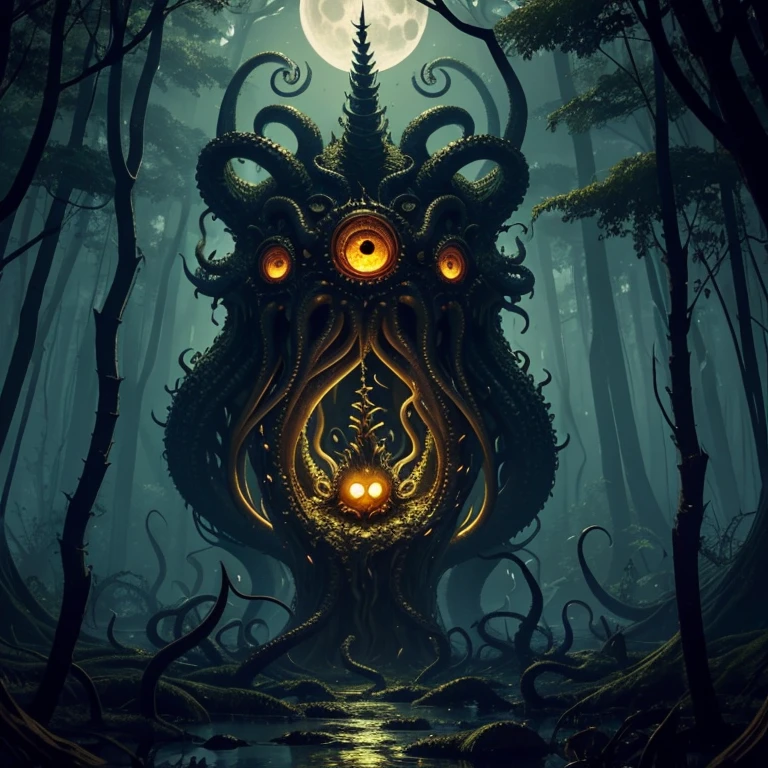 An eldritch horror with many tentacles and many insect eyes crawls through the forest, it has a single golden unicorn head protruding from its head, set in a moonlit swamp