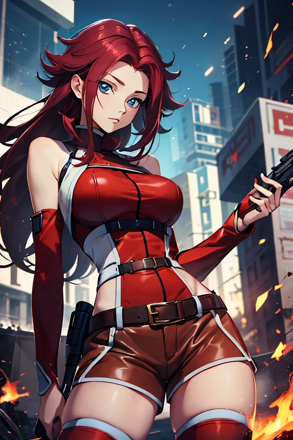 masterpiece, best quality, highly detailed, highres, hdr,
code geass, 1girl, solo, kallen stadtfeld,holding weapon, gun, holding gun, 
bare shoulders, midriff, (((brown sleeveless turtleneck))), red thighhighs, (((brown shorts))), red shirt, ((white detached sleeves)), clothing cutout, zettai ryouiki, white belt, red legwear,
blue eyes, large breasts, black hair, long hair,
cowboy shot, intense angle,
mksks style, beautiful background, detailed background, professional lightning, post-apocalypse, buildings, burning, fire, light particles,