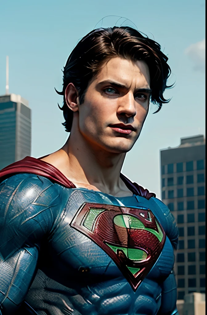 (masterpiece:1.2), (best quality:1.2), perfect eyes, perfect face, volumetric lighting, 1boy, superman, grin, grinning, abs, bara, black hair, blue bodysuit, blue eyes, bodysuit, full length cape, closed mouth, heroic, large pectorals, male focus, muscular, muscular male, pectoral lift, pectorals, red cape, short hair, outdoors, skyscrapers, solo, superhero, upper body , ((masterpiece)), superhero pose, best quality, (photorealistic:1.4), high resolution, detailed, raw photo, photo realistic, (high detailed skin:1.2), 8k uhd, dslr, soft lighting, high quality, film grain, Fujifilm XT3), hyper realistic lifelike texture dramatic lighting unreal engine, even, neutral light, key light, bold, bright colours,