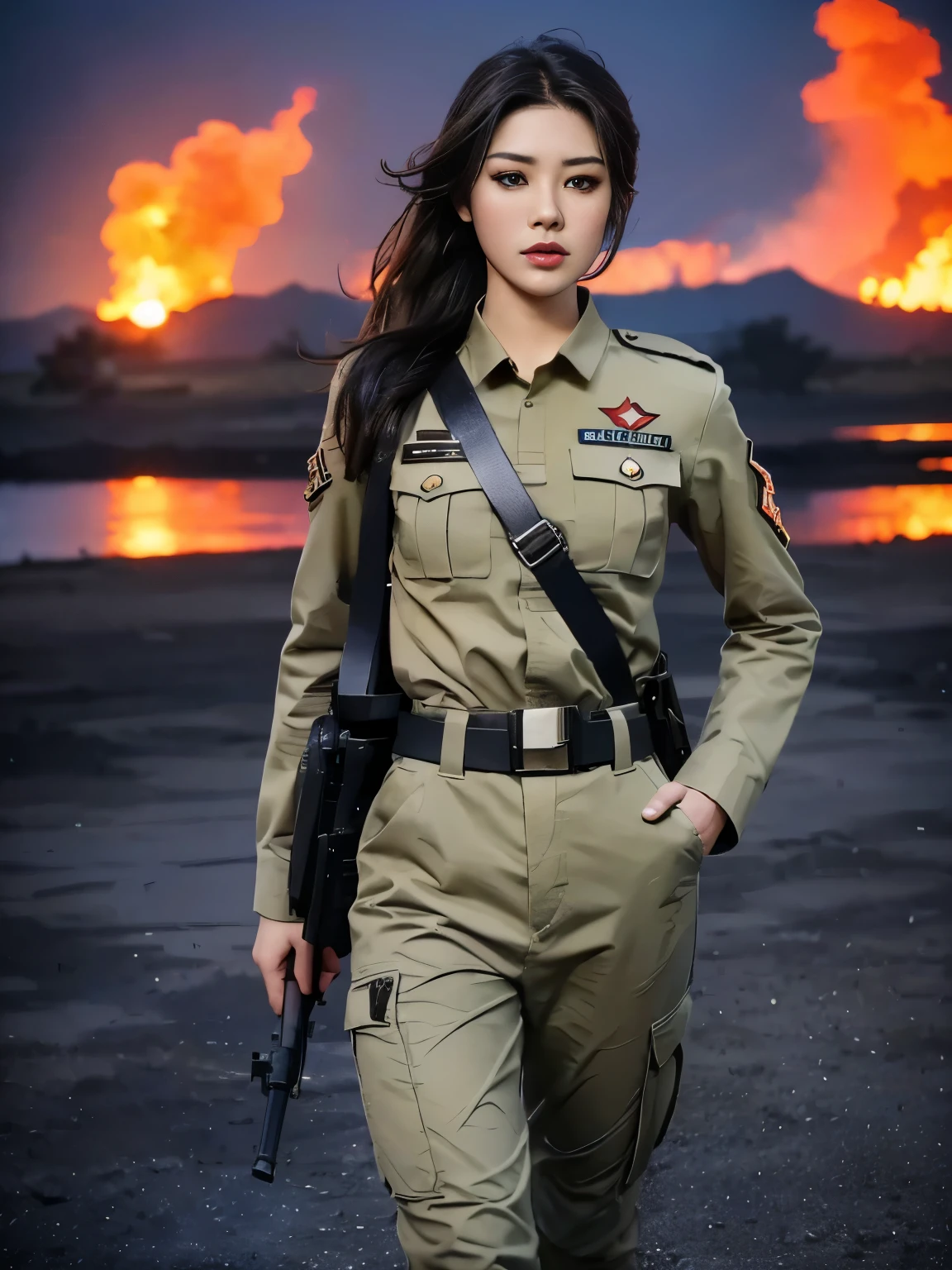 Fashion female model 1 ，With a submachine gun in his hand，The firelight reflected her face，，Godly eyes，sexy lips，high nose，human development report，girl，(((Desert camouflage military uniform)))，military uniform，military belt，tactical camouflage pants，delicate face，Raised sexy，，breast enhancement，hip fat，The background is the battlefield in the Middle East，Gunsmoke fills，The fire burst into the sky，burning，city ruins，4K Ultra HD, ultra high resolution, (lifelike: 1.4), best quality，masterpiece，Professional photography。