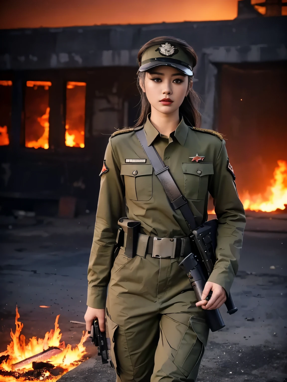 Modelo de moda femenina 1 ，Con una metralleta en la mano，La luz del fuego reflejaba su rostro，，ojos piadosos，labios sexys，Nariz alta，informe de desarrollo humano，chica，(((沙漠迷彩uniforme militar)))，uniforme militar，Cinturón militar，Pantalones de camuflaje táctico，cara delicada，criado sexy，，aumento de senos，grasa de cadera，El fondo es el campo de batalla en el Medio Oriente，La humo del arma se llena，El fuego estalló en el cielo.，Incendio，ruinas de la ciudad，4K Ultra HD, ultra alta resolución, (natural: 1.4), mejor calidad，obra maestra，fotografía profesional。