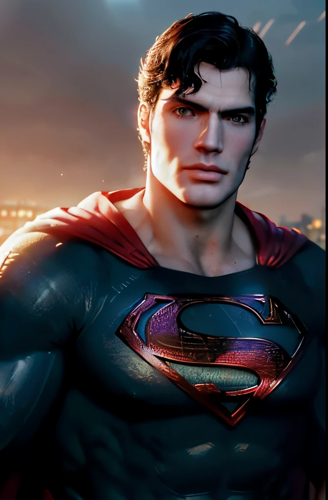 Glamour portrait, (masterpiece:1.2), (best quality:1.2), perfect eyes, perfect face, (((Christopher Reeves and Henry Cavill))), volumetric lighting, 1boy, superman, grin, grinning, abs, bara, black hair, blue bodysuit, blue eyes, bodysuit, full length cape, closed mouth, heroic, large pectorals, male focus, muscular, muscular male, pectoral lift, pectorals, red cape, short hair, outdoors, skyscrapers, solo, superhero, upper body , ((masterpiece)), superhero pose, best quality, (photorealistic:1.4), high resolution, detailed, raw photo, photo realistic, (high detailed skin:1.2), 8k uhd, dslr, soft lighting, high quality, film grain, Fujifilm XT3), hyper realistic lifelike texture dramatic lighting unreal engine, even, neutral light, key light, bold, bright colours,