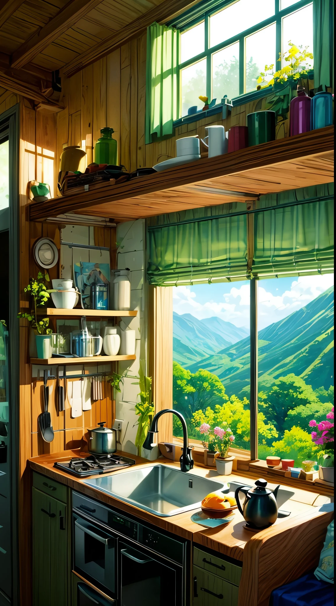 uma cozinha com um forno de fogão sentado sob uma janela, Cozinha de casa em um dia ensolarado, Cheio de flores e plantas, cozinha boêmia, adicione mais detalhes, painting ilustração,  por Makoto Shinkai, por Makoto Shinkai, fundo de casa aconchegante, fundo de cozinha, anime. por Makoto Shinkai, arte de cenário detalhada, makoto shinkai. alto detalhe, Paisagem rural de anime, arte de anime limpa e detalhada, Saturado, ilustração, cena da cozinha, relaxante, cozinha tradicional