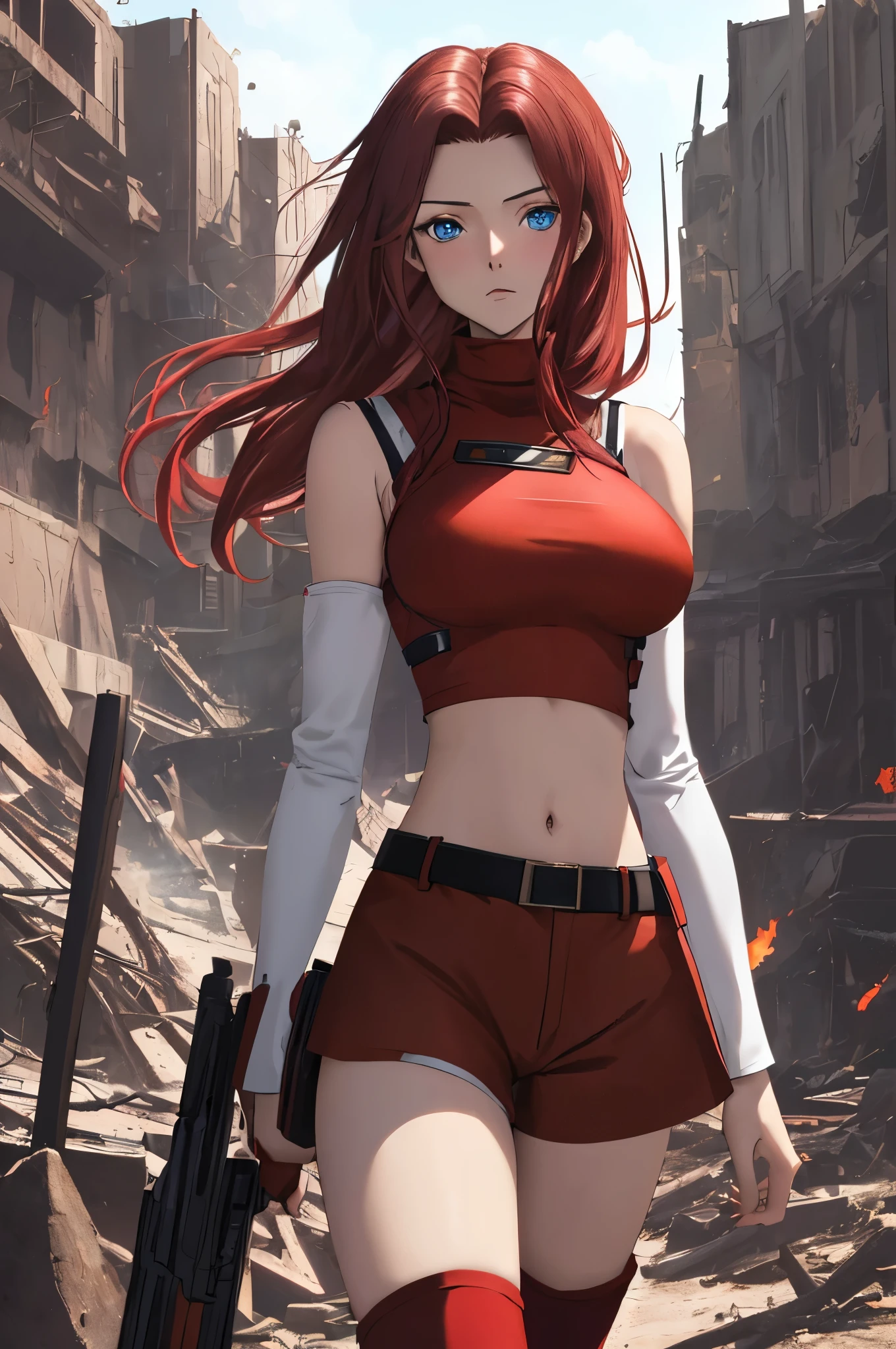 masterpiece, best quality, highly detailed, highres, hdr,
code geass, 1girl, solo, kallen stadtfeld,holding weapon, gun, holding gun, 
bare shoulders, midriff, (((brown sleeveless turtleneck))), red thighhighs, (((brown shorts))), red shirt, ((white detached sleeves)), clothing cutout, zettai ryouiki, white belt, red legwear,
blue eyes, large breasts, black hair, long hair,
cowboy shot, intense angle,
mksks style, beautiful background, detailed background, professional lightning, post-apocalypse, buildings, burning, fire, light particles,