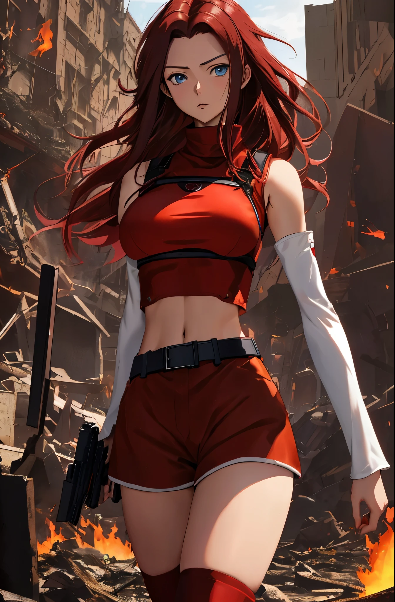 masterpiece, best quality, highly detailed, highres, hdr,
code geass, 1girl, solo, kallen stadtfeld,holding weapon, gun, holding gun, 
bare shoulders, midriff, (((brown sleeveless turtleneck))), red thighhighs, (((brown shorts))), red shirt, ((white detached sleeves)), clothing cutout, zettai ryouiki, white belt, red legwear,
blue eyes, large breasts, black hair, long hair,
cowboy shot, intense angle,
mksks style, beautiful background, detailed background, professional lightning, post-apocalypse, buildings, burning, fire, light particles,