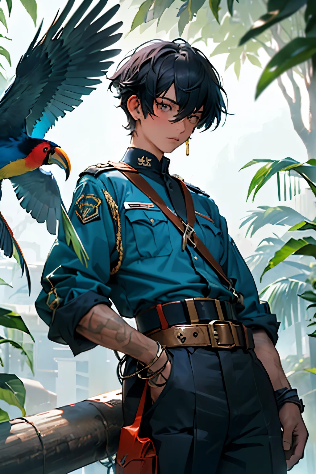 (Estilo Anime dos Anos 80), (Mysterious and dystopian environment), (personagem garota), (tema de Cultura Tucana), (emphasis on toucan accessories), (Prominent position, facing the camera with dynamic angle), (use of dynamic camera), (military  of the country inspired by the Tucana Culture), (scenario in a dystopian country based on the culture of the Brazilian toucans of Tocantins), (paleta de cores escuras e sombrias), (Very high resolution image), (smooth rendering), (cabelo curto), (destaque para uma boina militar preta com grande faixa roxa), (angry facial expression), (Right arm with blue belt and college symbol).
