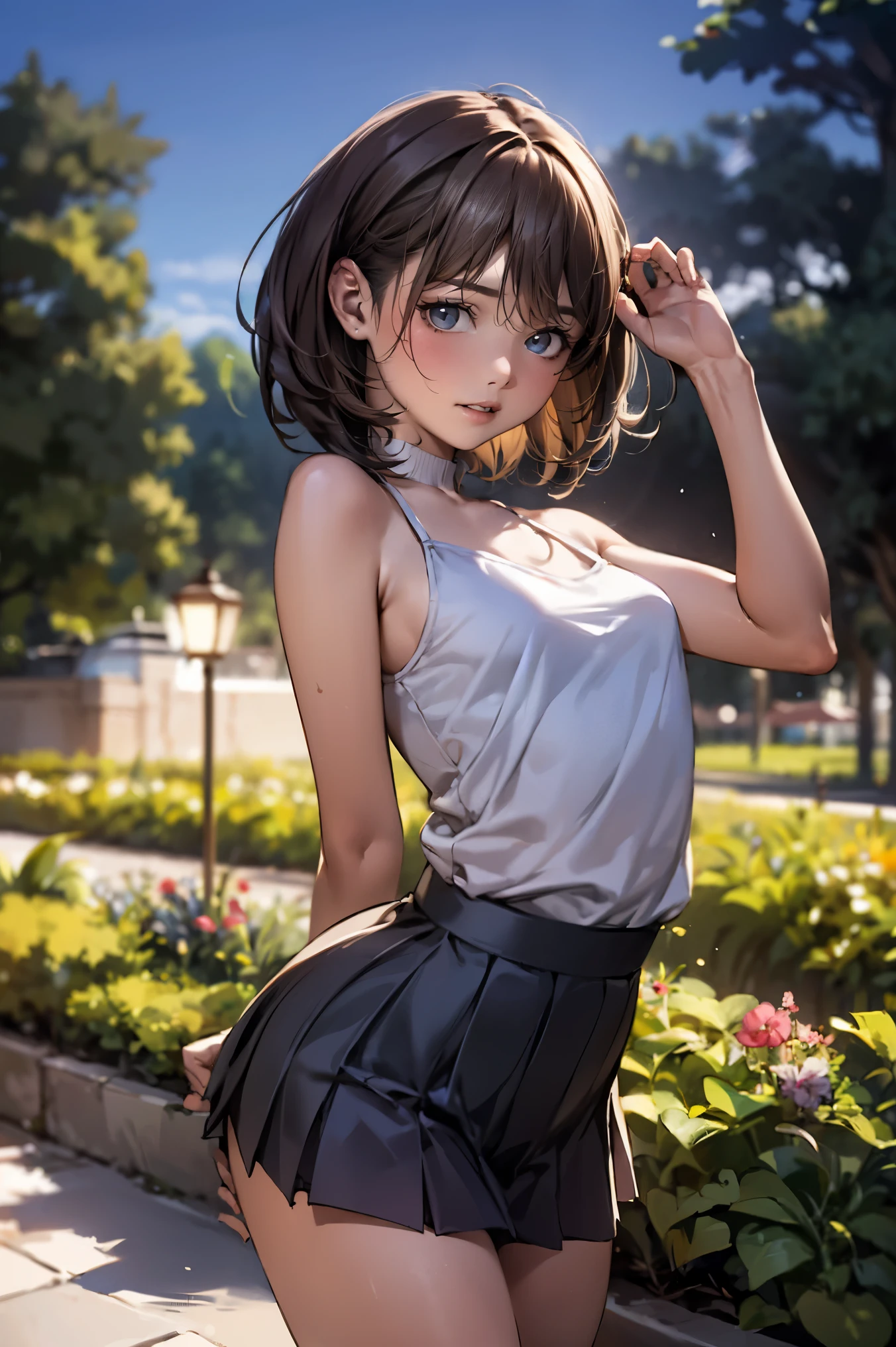 A woman in a short skirt posing in a park - SeaArt AI