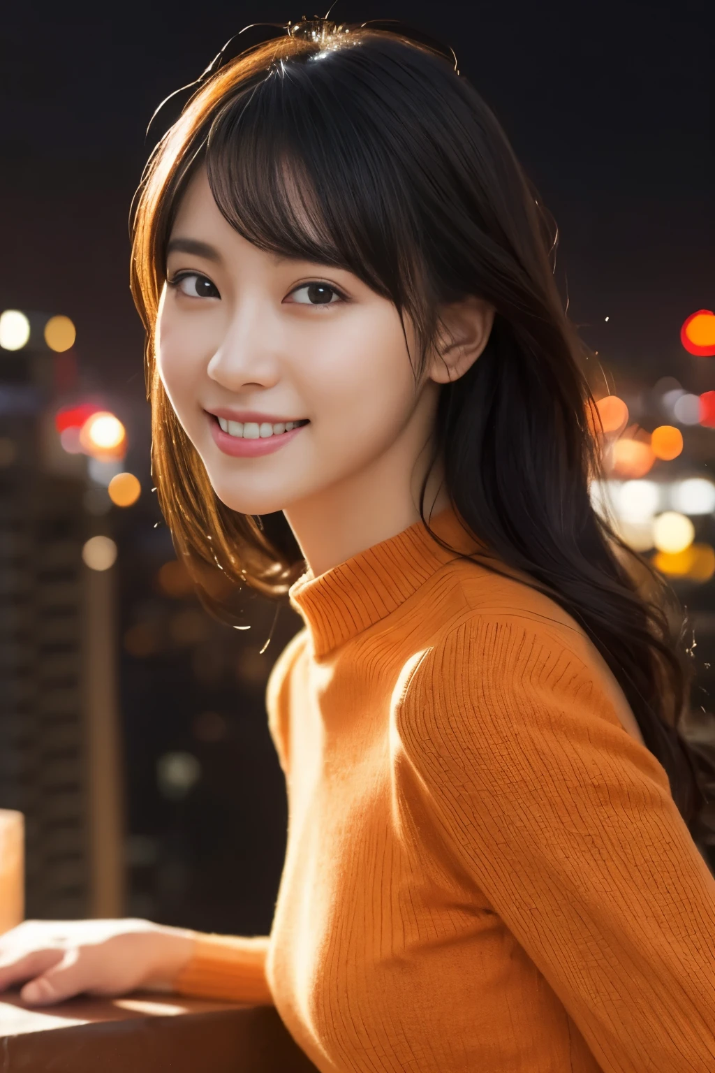 1 girl, (wearing an orange knit dress:1.2), (RAW photo, highest quality), (realistic, Photoreal:1.4), table top, very delicate and beautiful, very detailed, 2k wallpaper, wonderful, finely, Very detailed CG Unity 8K 壁紙, Super detailed, High resolution, soft light, beautiful detailed girl, very detailed目と顔, beautifully detailed nose, beautiful and detailed eyes, cinematic lighting, city light at night, perfect anatomy, slender body, smile, Camera-wide perspective, look forward to