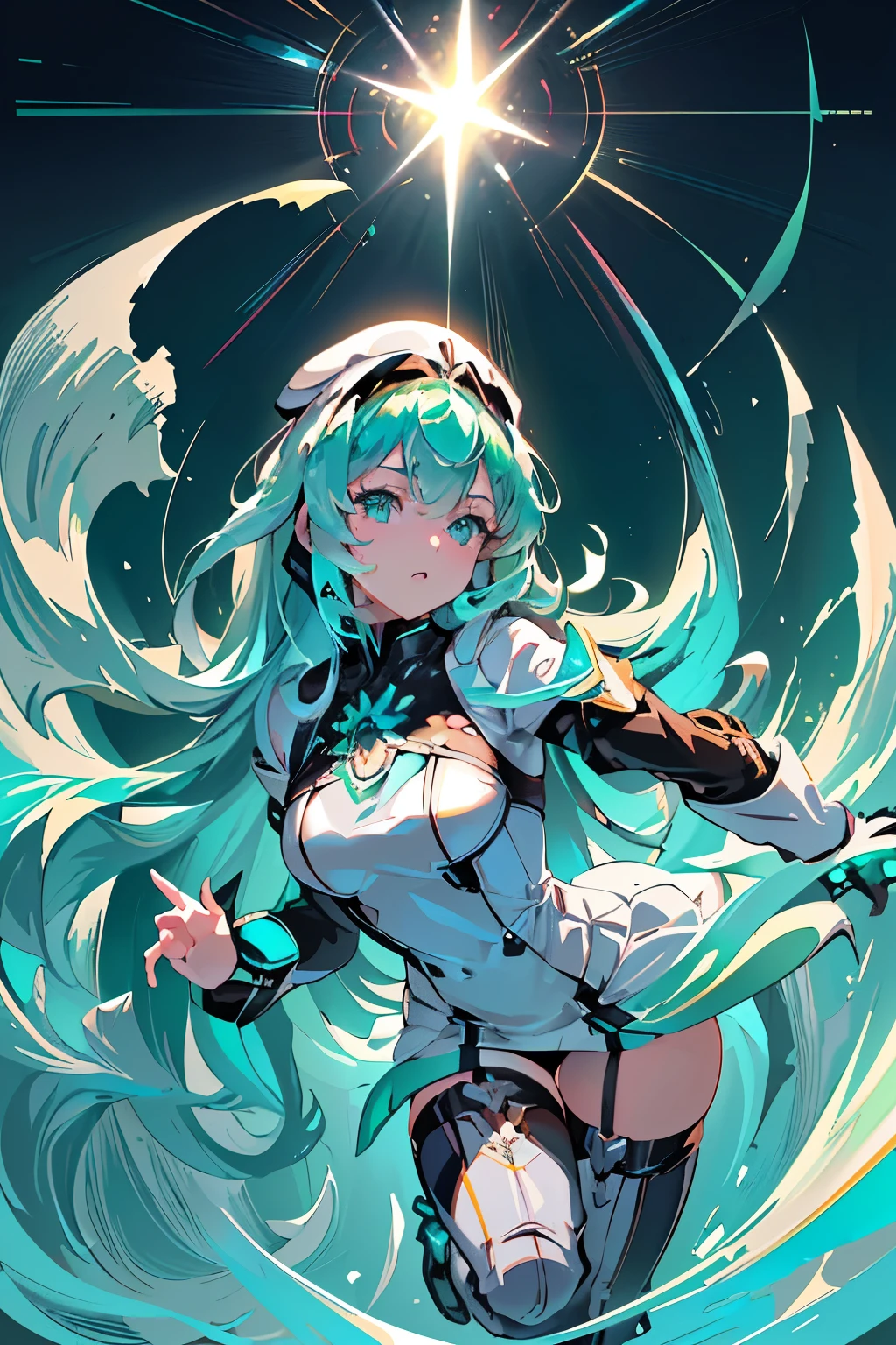 Anime, Girl, (((1girl))), (((Waifu, Xenoblade Chronicles 2, Pneuma Waifu))), (((Seafoam Green Hair, Long Hair))), ((Seafoam Green Eyes eyes:1.3, Upturned Eyes: 1, Perfect Eyes, Beautiful Detailed Eyes, Gradient eyes: 1, Finely Detailed Beautiful Eyes: 1, Symmetrical Eyes: 1, Big Highlight On Eyes: 1.2)), (((Lustrous Skin: 1.5, Bright Skin: 1.5, Skin Fair, Shiny Skin, Very Shiny Skin, Shiny Body, Plastic Glitter Skin, Exaggerated Shiny Skin, Illuminated Skin))), (Detailed Body, (Detailed Face)), Young, Idol Pose, (Best Quality), Techwear, (((Military Uniform))), (((Military Cap))), (((Military Coat))), (((Thigh-high Heeled Boots))), High Resolution, Sharp Focus, Ultra Detailed, Extremely Detailed, Extremely High Quality Artwork, (Realistic, Photorealistic: 1.37), 8k_Wallpaper, (Extremely Detailed CG 8k), (Very Fine 8K CG), ((Hyper Super Ultra Detailed Perfect Piece)), (((Flawlessmasterpiece))), Illustration, Vibrant Colors, (Intricate), High Contrast, Selective Lighting, Double Exposure, HDR (High Dynamic Range), Post-processing, Background Blur