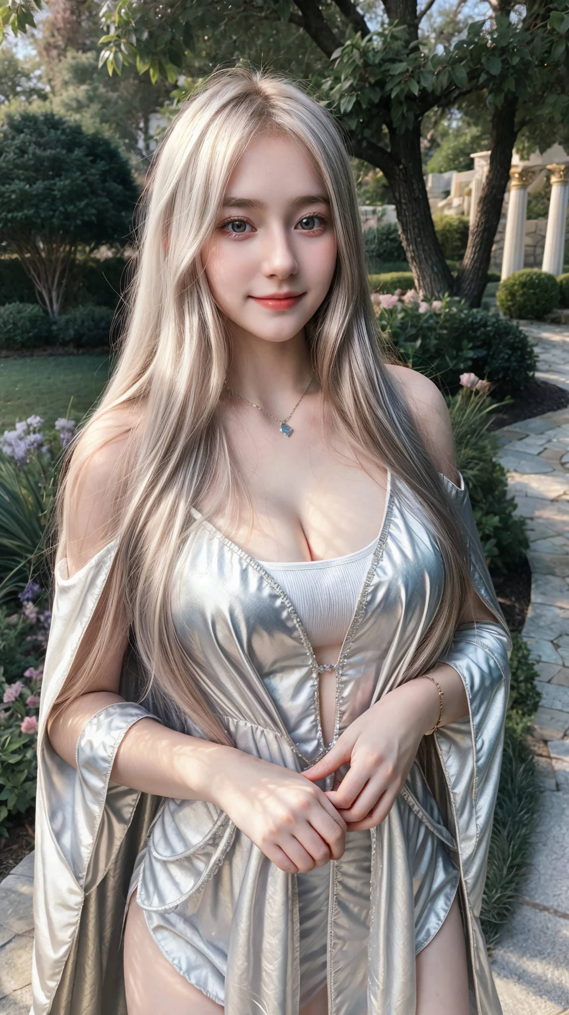 1 Girl, Beautiful, Baby Face, 20 Years Old, White Skin, Colossal Chest, Sleeveless, Cleavage, She is Princess of Asgard Cosplay Costumes, Primcess Cloak, Home Outdoor Background, Silver Straight Hair, ((adorable:1.3)), ((masterpiece:1.1))